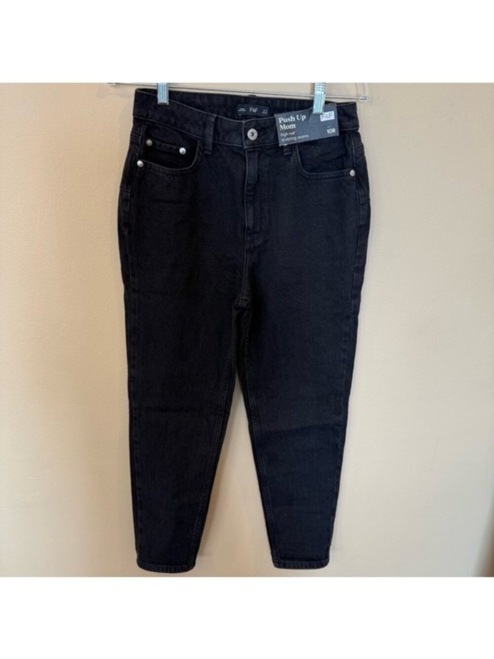 F&F Jeans Push Up Mom High Rise Sculpting Seams Denim Size US 6 UK 10 Black NWT